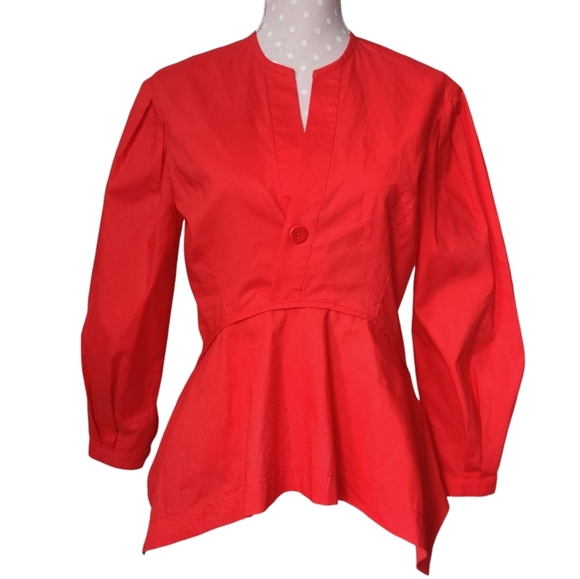 PROENZA SCHOULER White Label Poplin Top 4 Red Long Sleeve V-Neck Cotton Shirt - Picture 1 of 14